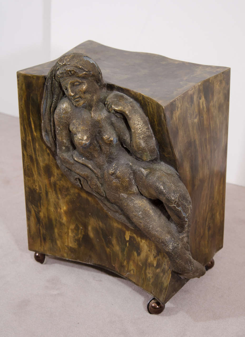 A vintage rare Philip and Kelvin LaVerne sculptural side table on casters, crafted of bronze, depicting nude Aphrodite; signed. Good vintage condition with age appropriate wear. Some cracks and loss of finish.