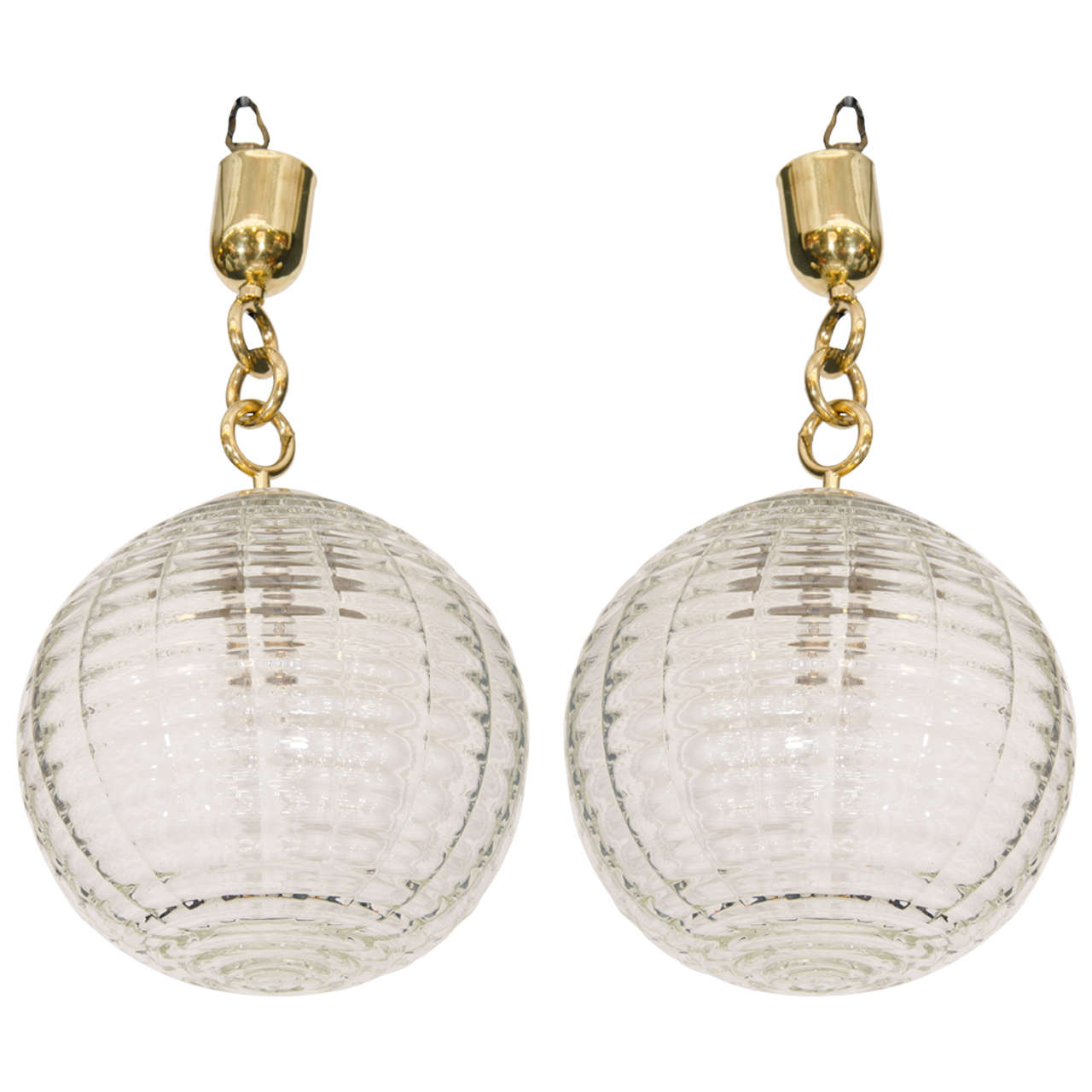 Midcentury Pair of Venini Glass Globe Pendant Lights or Lanterns