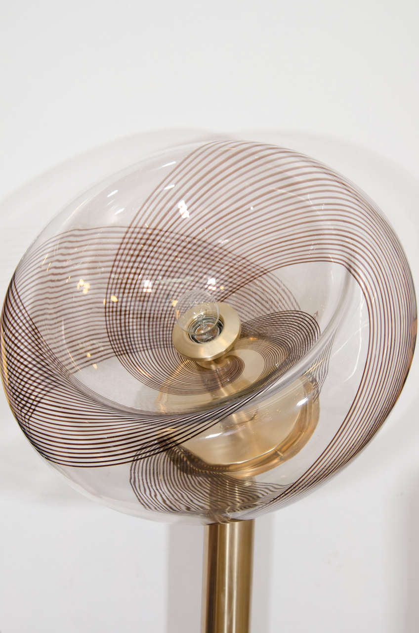 Mid-Century Modern Midcentury Murano Concave Swirl Glass Globe and Brass Floor Lamp