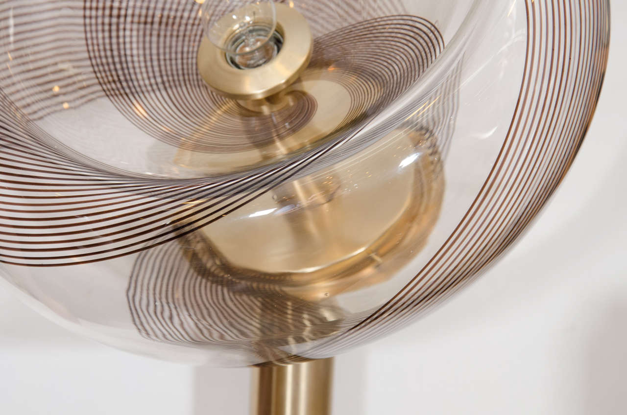 Italian Midcentury Murano Concave Swirl Glass Globe and Brass Floor Lamp