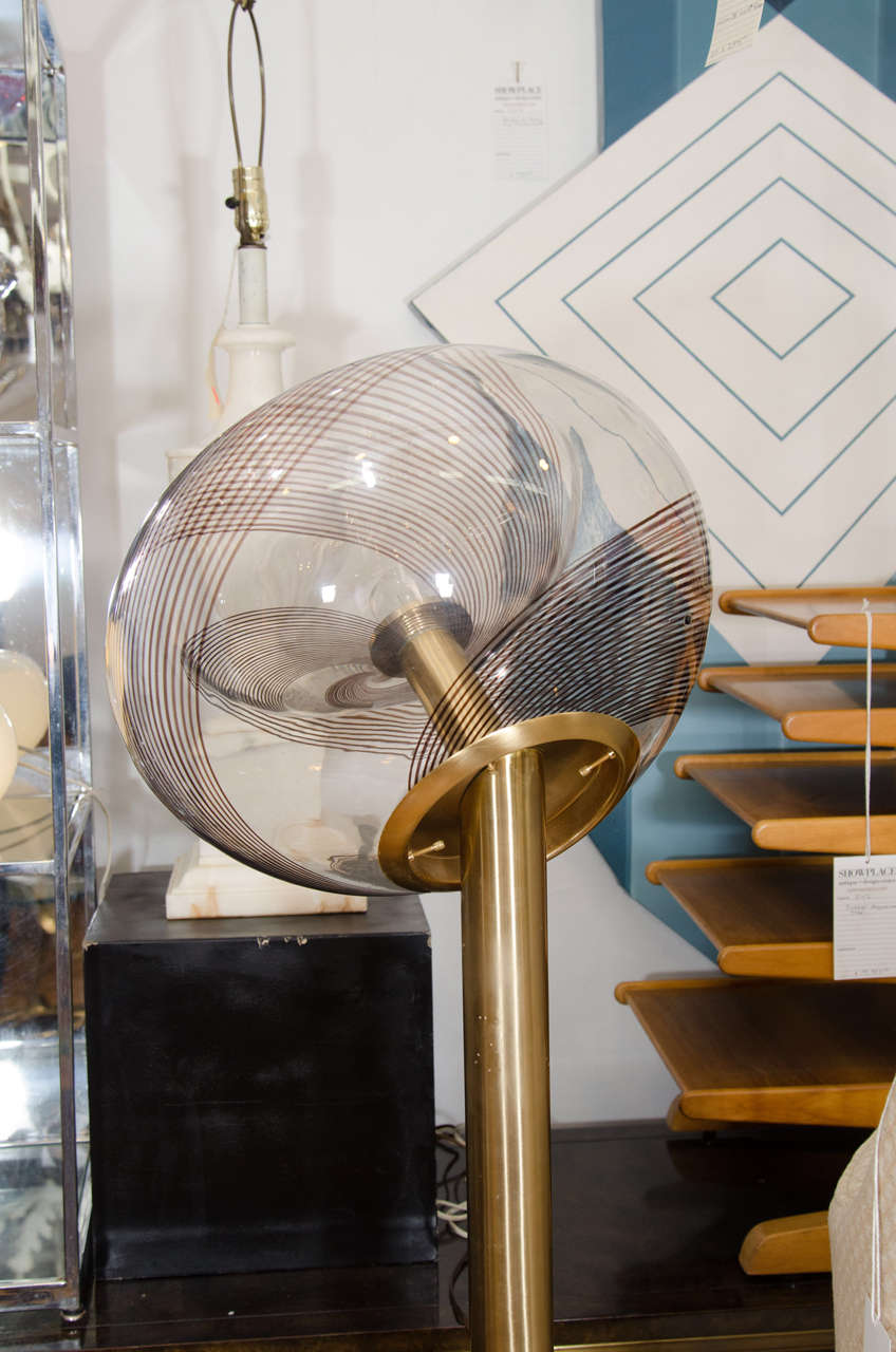 20th Century Midcentury Murano Concave Swirl Glass Globe and Brass Floor Lamp
