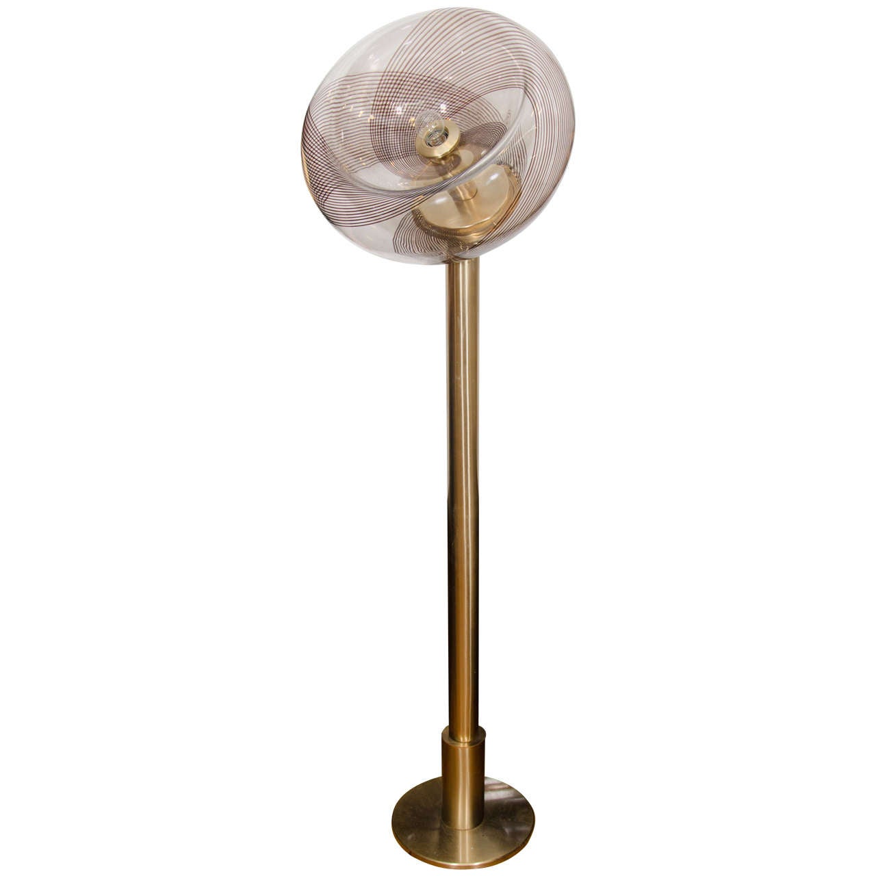 Midcentury Murano Concave Swirl Glass Globe and Brass Floor Lamp