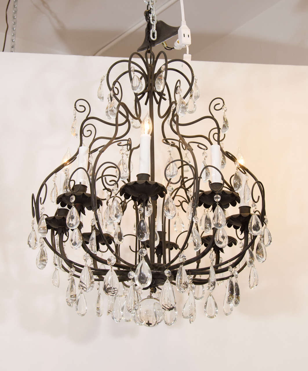 A 1950s Eight-Arm Italian Iron Chandelier with Glass Drops
