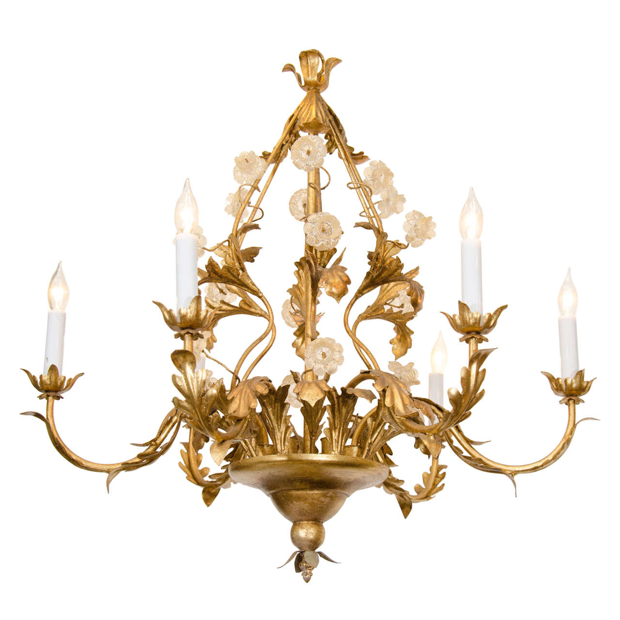 A Midcentury Italian Six-Arm Chandelier with Murano Glass Flowers