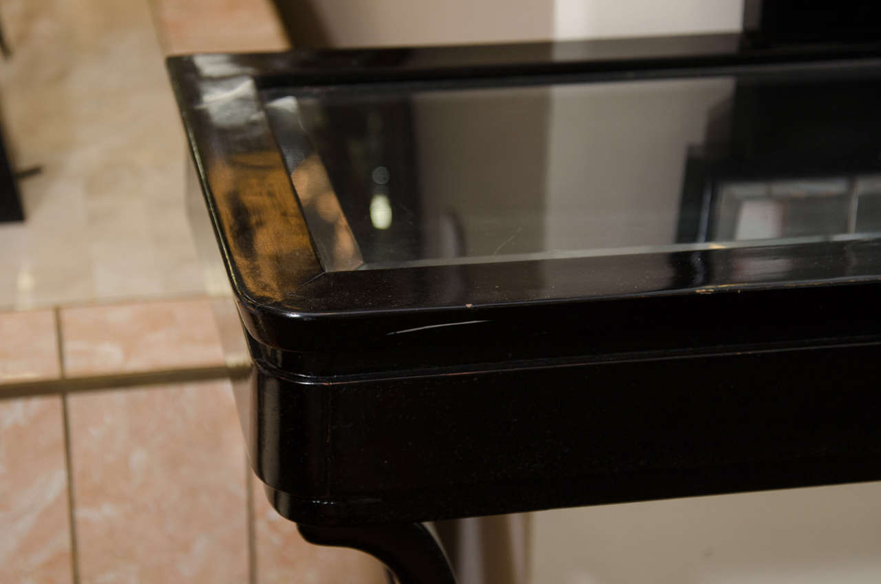 Lacquered Midcentury Italian Black Lacquer Console and Mirror For Sale