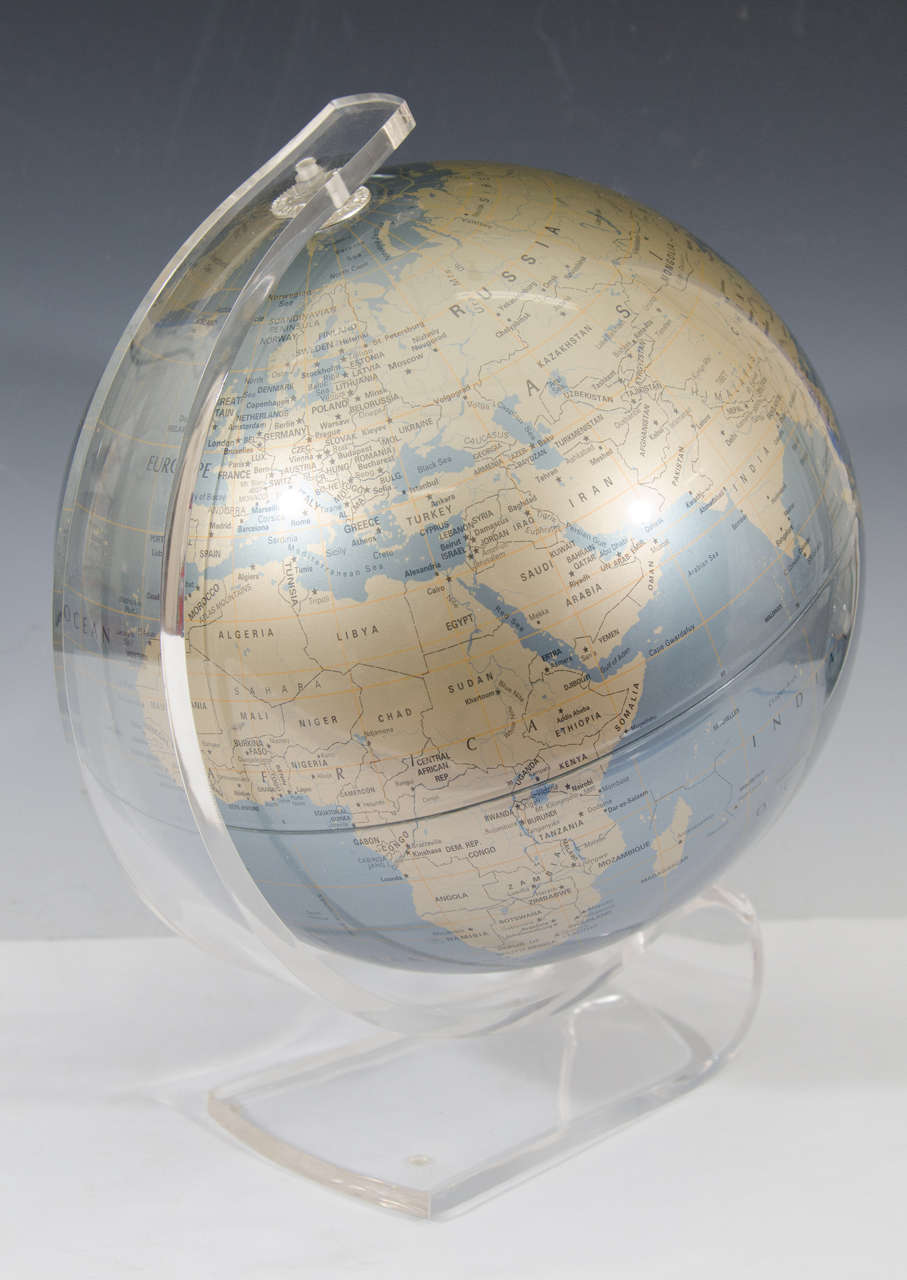 A Vintage 1970's World Globe on a Lucite Base by Replogle at 1stdibs