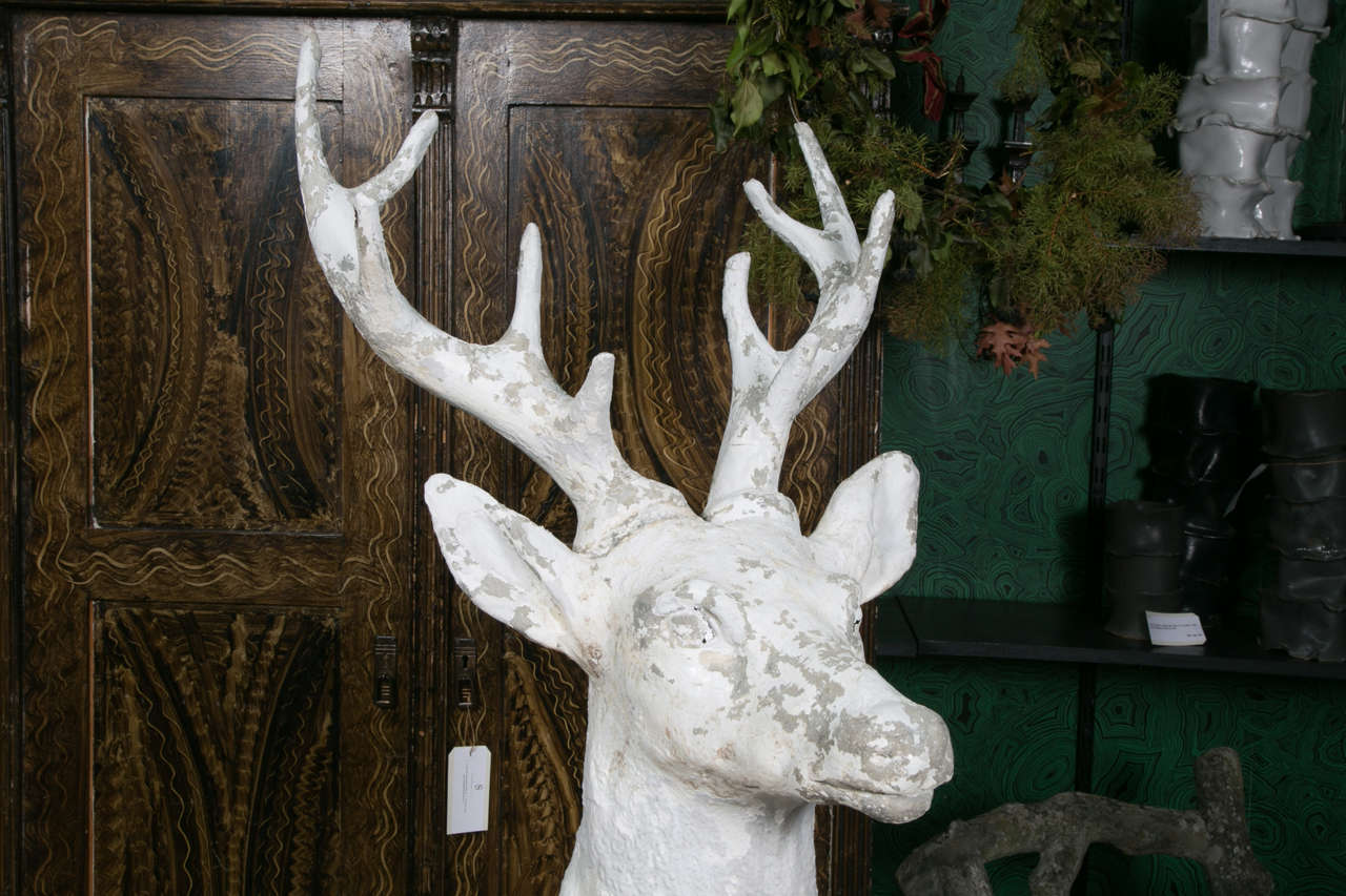 French Proud Deer in Painted Cement Against Tree Trunk, circa 1890