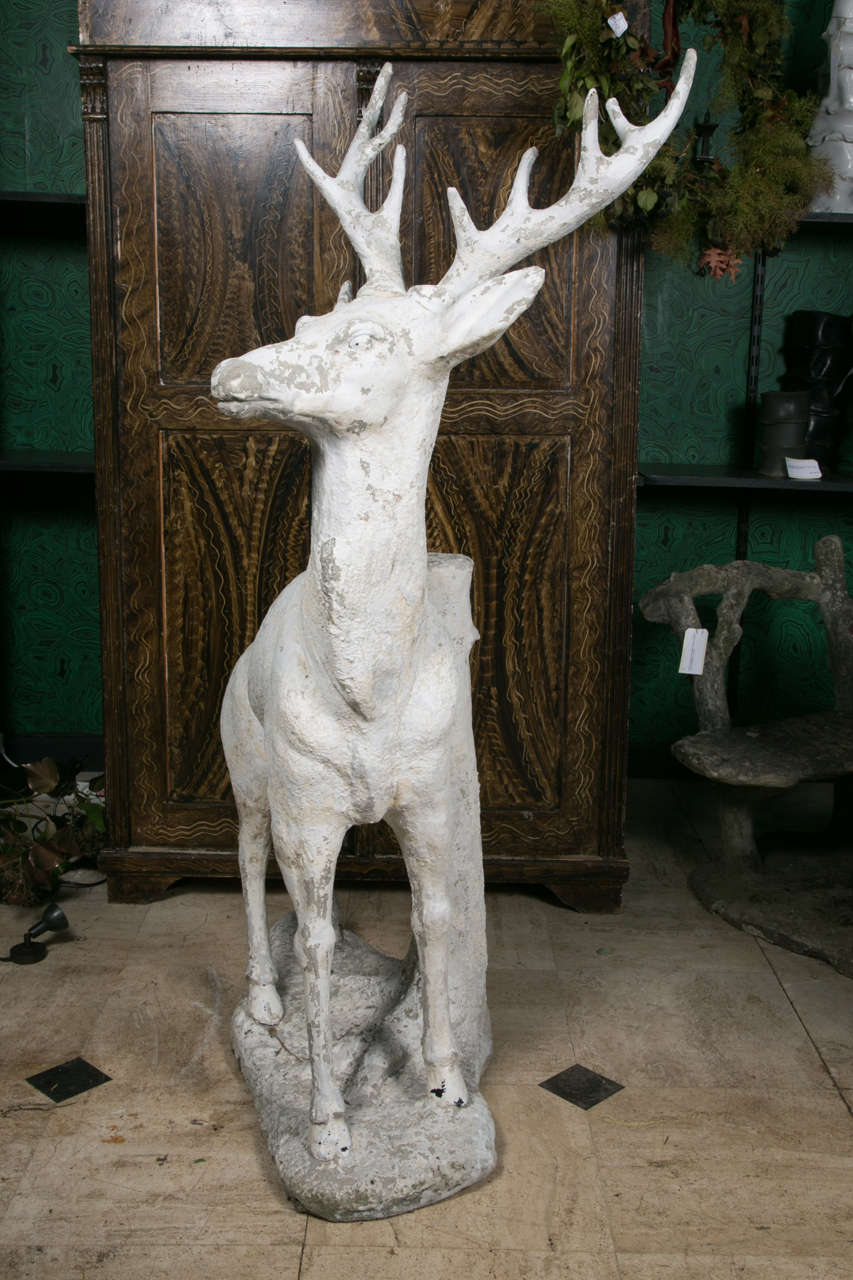Late 19th Century Proud Deer in Painted Cement Against Tree Trunk, circa 1890