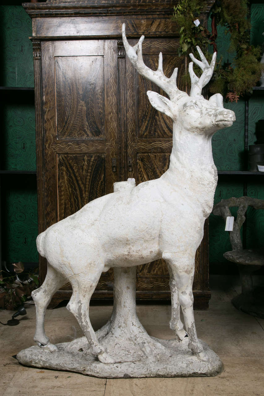 Proud Deer in Painted Cement Against Tree Trunk, circa 1890 at 1stDibs