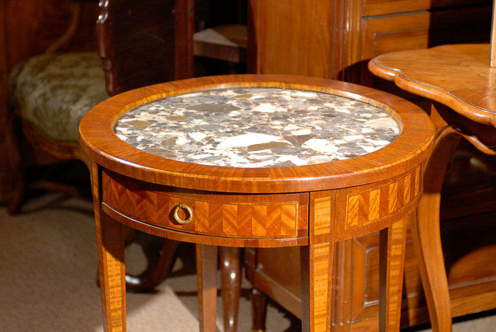 French Louis XVI Style Bouillotte Table with Inlay and Marble Top