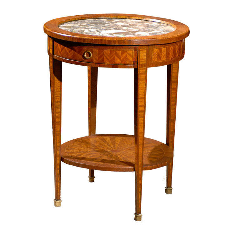Louis XVI Style Bouillotte Table with Inlay and Marble Top