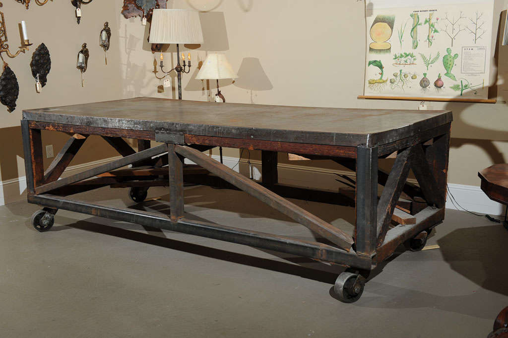 American 19th Century Industrial Steel Encased Redwood Wheeled Table