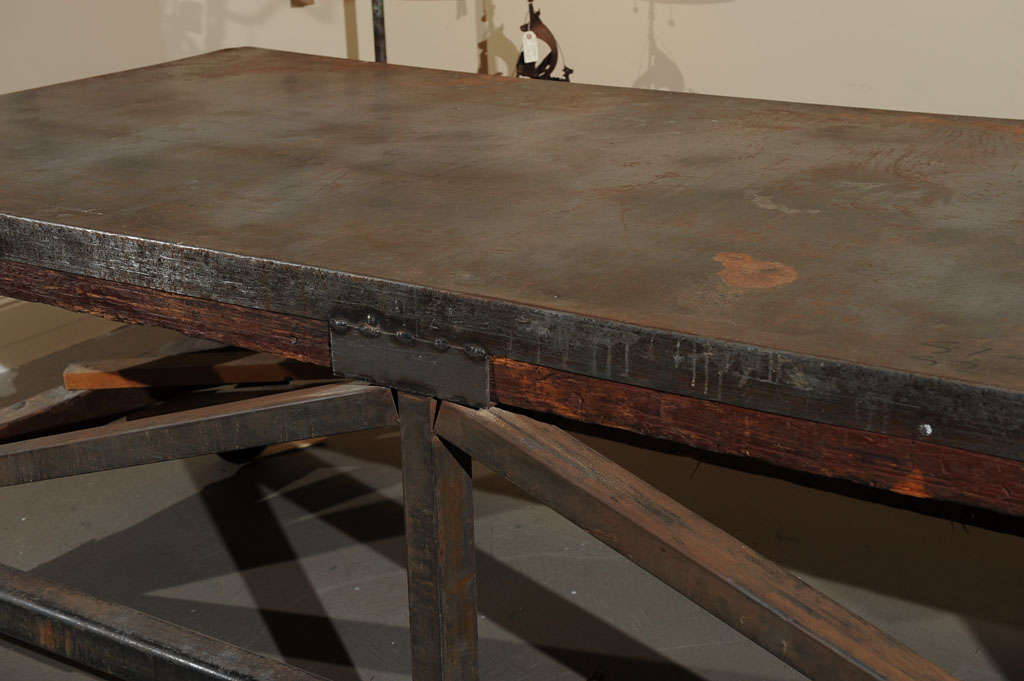 19th Century Industrial Steel Encased Redwood Wheeled Table 3