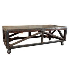 Antique 19th Century Industrial Steel Encased Redwood Wheeled Table