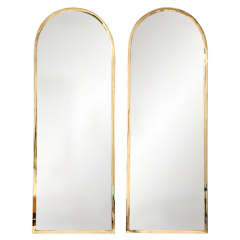 Pair of Italian Brass Framed Round Top Rectangular Mirrors