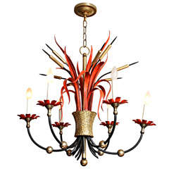 American Brass, Enamel, and Wrought Iron Chandelier