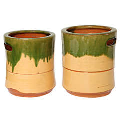 Vintage Pair of Japanese 'Oribe Hibachi' Cachepots with Cutout Handle