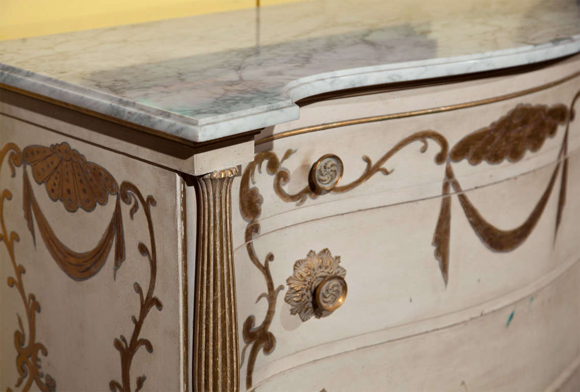 French Maison Jansen, Commodes, Parcel Gilt, Painted Wood, Marble, France, 1950s For Sale