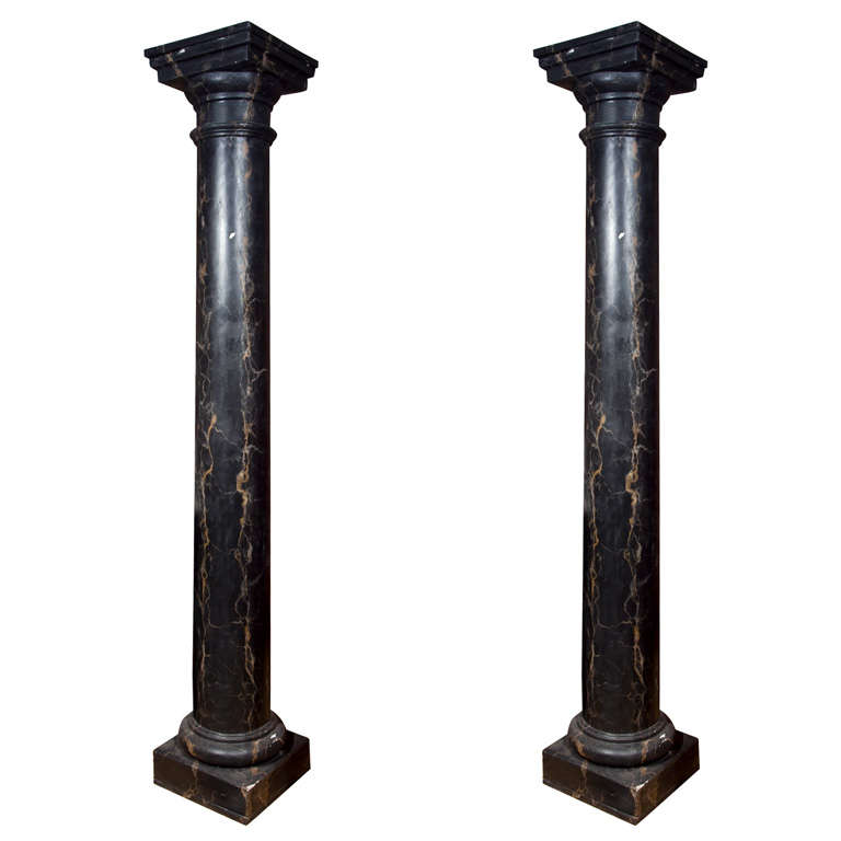 Pair of Monumental Faux Marble Painted Black Cement Columns / Pedestals