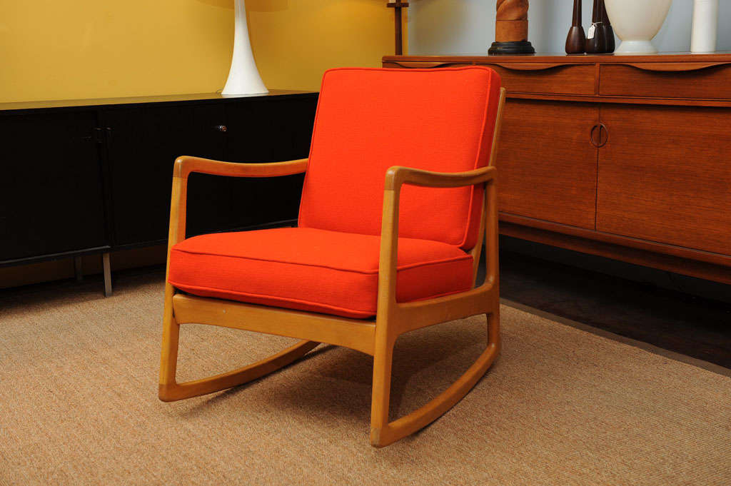 Ole Wanscher design rocking chair for Selig. New Maharam wool cushions, very good vintage condition.