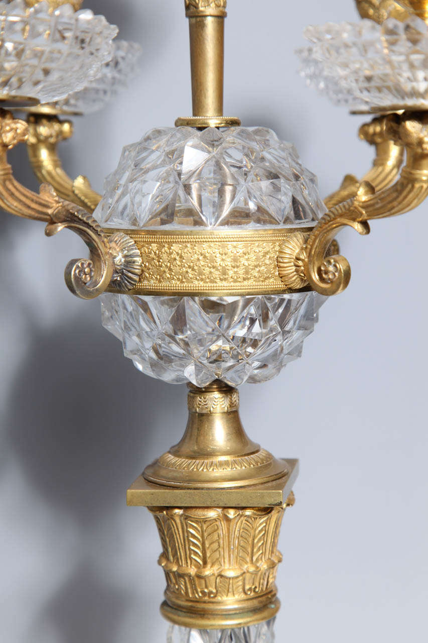 Gilt Pair of Russian Crystal and Bronze Candelabras, Imperial Russian Glass Workshop For Sale