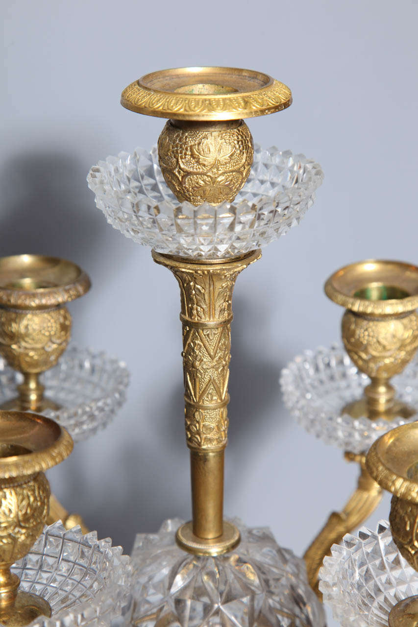 19th Century Pair of Russian Crystal and Bronze Candelabras, Imperial Russian Glass Workshop For Sale