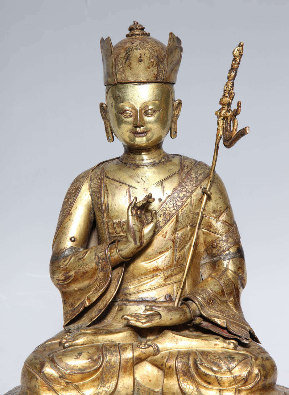 A 17th- 18th Century Tibetan Gilt Bronze Crowned Seated Buddha In Excellent Condition In New York, NY
