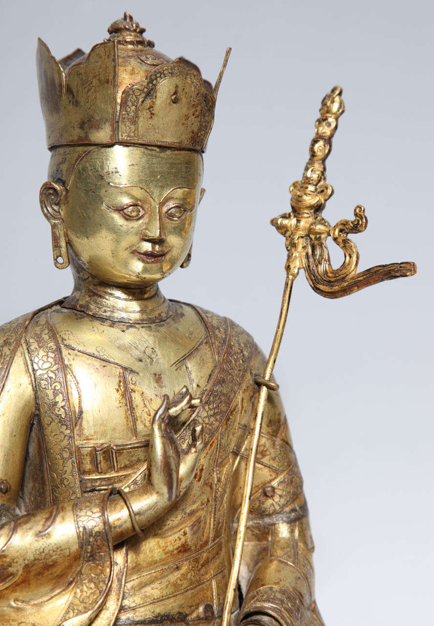 A 17th- 18th Century Tibetan Gilt Bronze Crowned Seated Buddha 5
