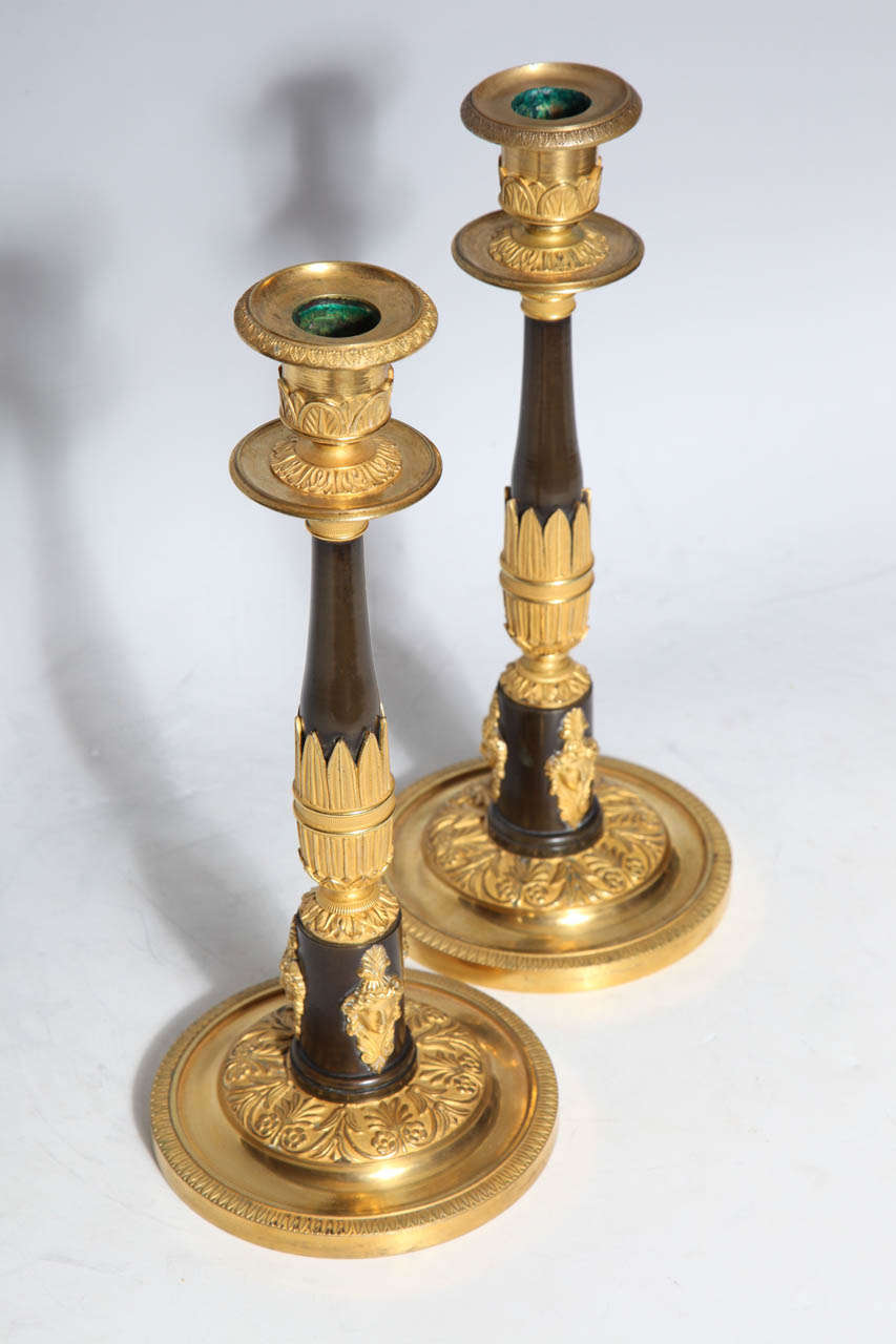 Fine Pair of Antique Russian Empire Patinated and Dore Bronze Candlesticks  1