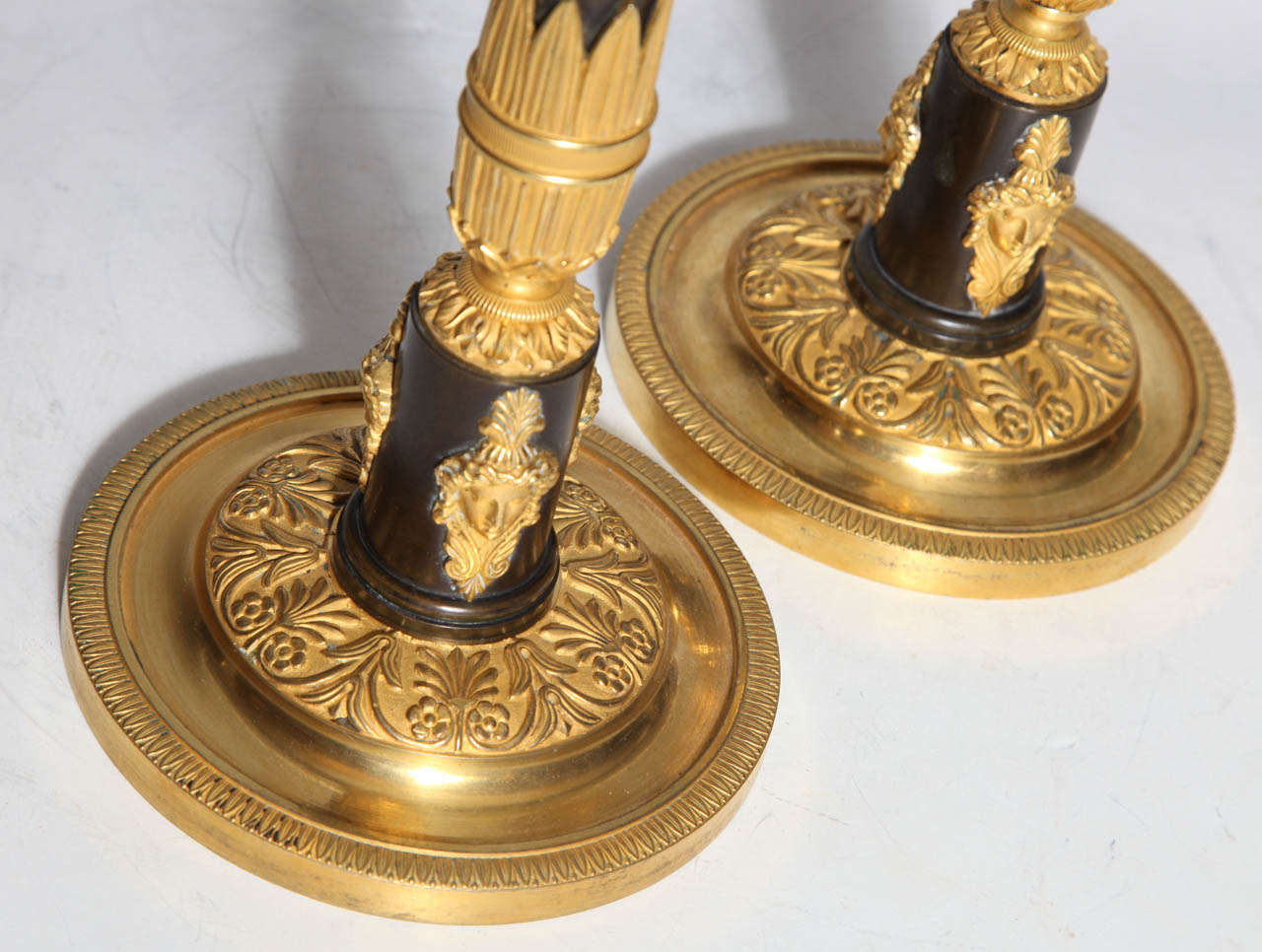 Fine Pair of Antique Russian Empire Patinated and Dore Bronze Candlesticks  2
