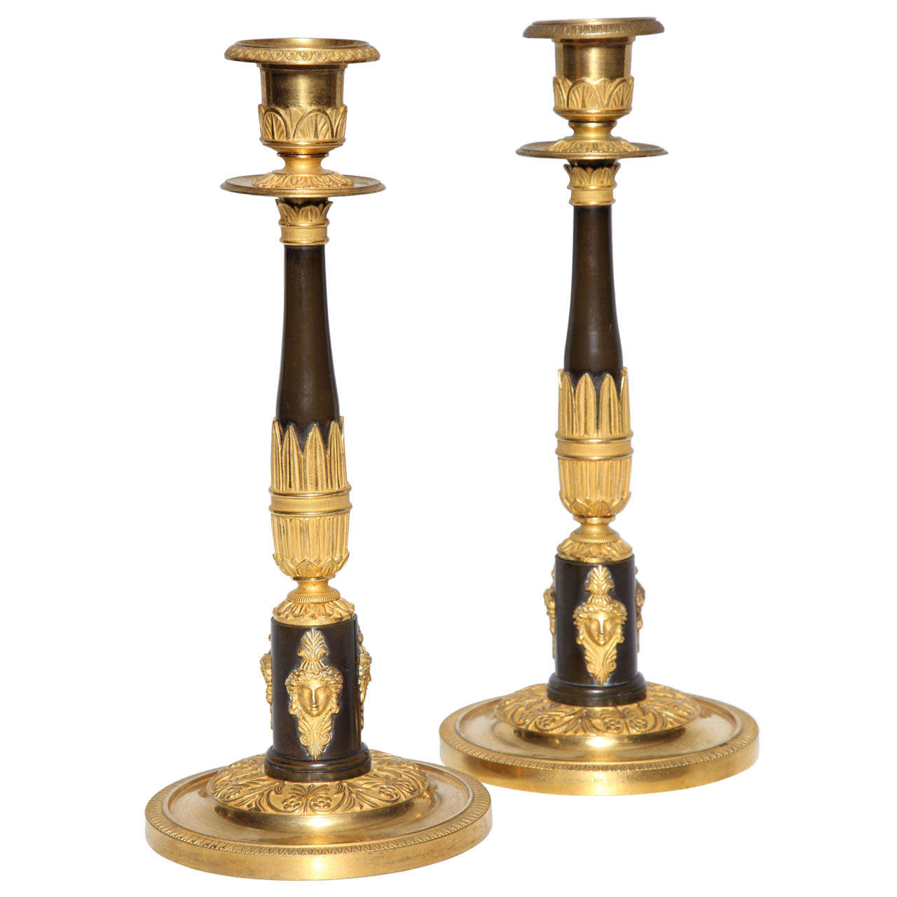 Fine pair of Antique Russian Empire Patinated and Dore Bronze Candlesticks 
