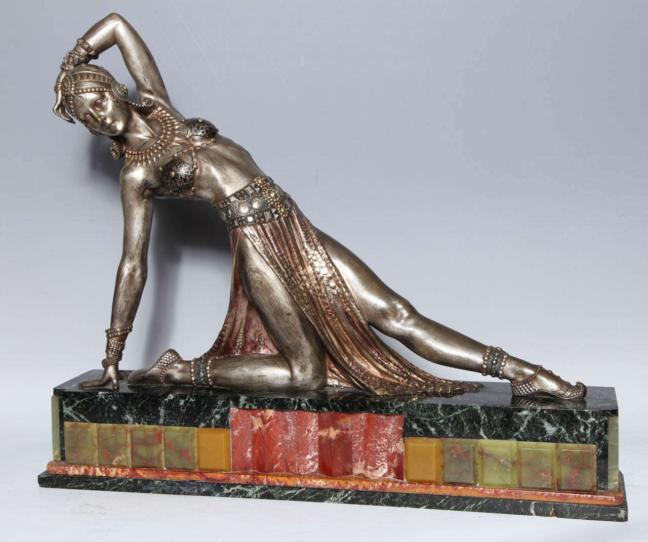 A Classic example of Demetre Chiparus Art Deco Sculpture circa 1925. Chirpuras (1886-1947) was the most sought after Decorative Sculpture in the Early 1900s. Known for his combinations of Silver and Gilt, he focused on Dancers and their slender