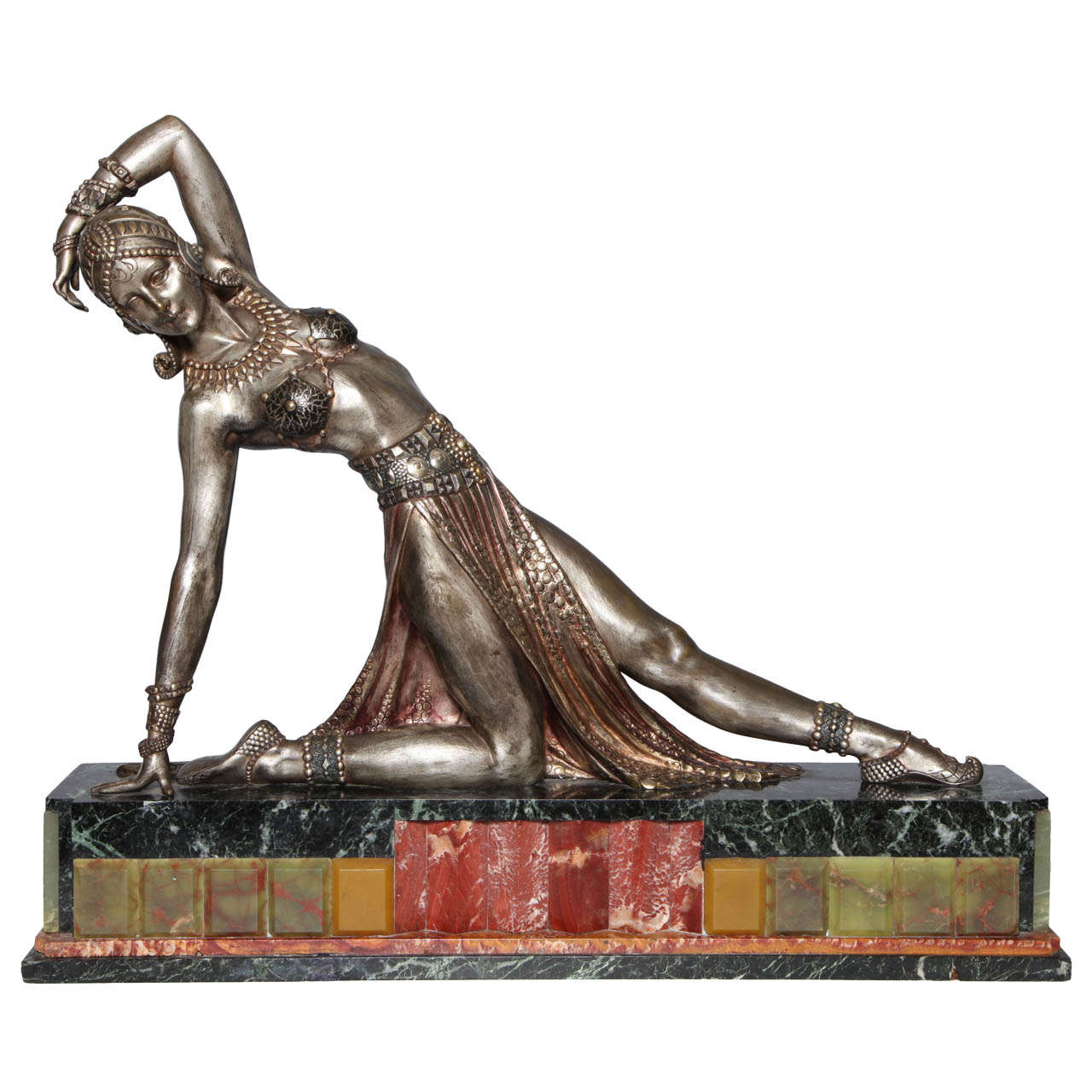 Demetre Chiparus (1886-1947) Early 20th c. Silvered and Gilt Bronze Exotic Dancer on Marble and Onyx Plinth