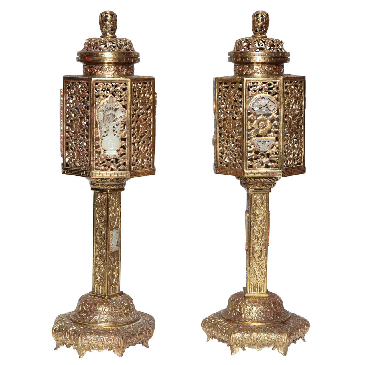 Pair of Gilt Bronze Chinese Lanterns, Traditional Style with Inlaid Jade Plaques For Sale