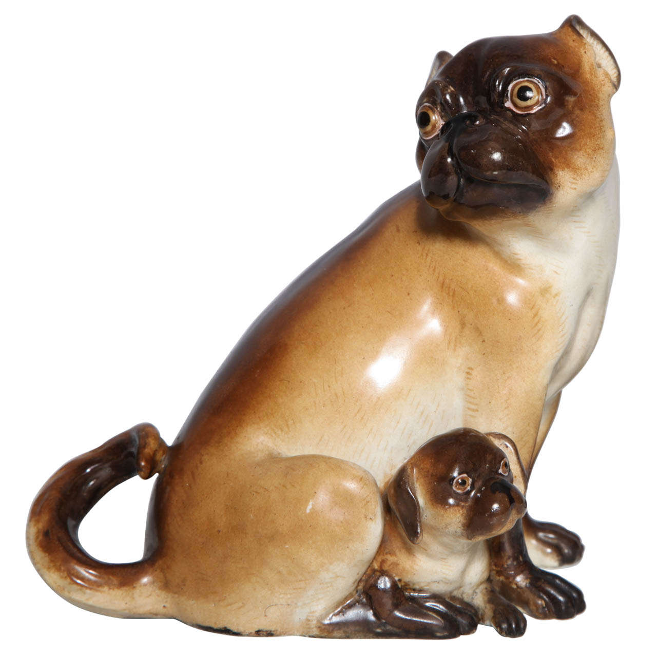 Early 1800s Meissen Porcelain Group of Pug Dog and Puppy modeled after