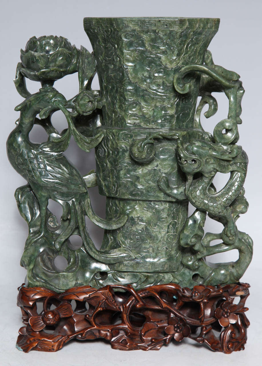 Chinese Spinach Jade Vase with Phoenix Bird and Dragon representing