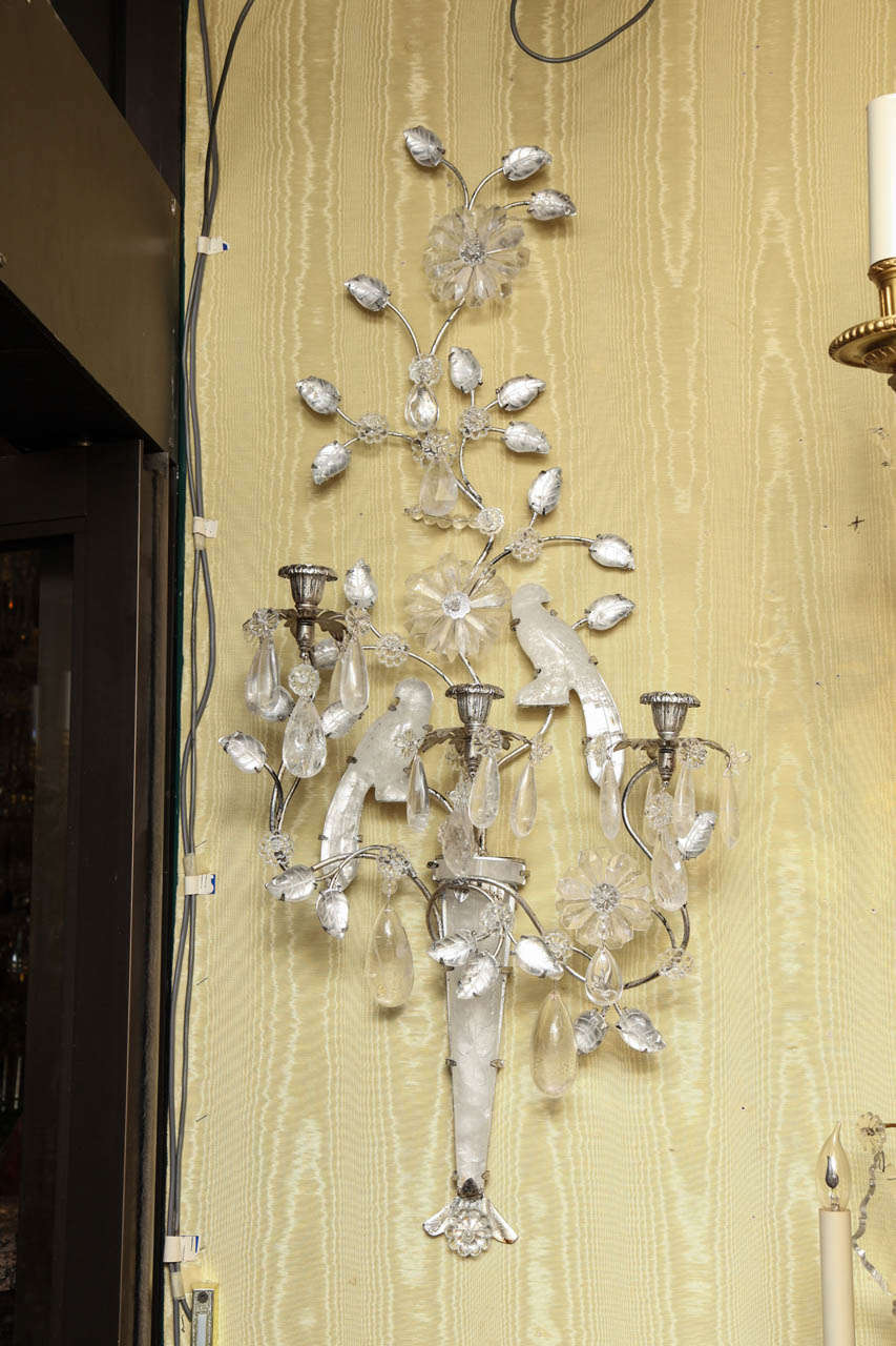 Magnificent Large Pair of Rock Crystal Double Bird Three-Arm Wall Light Sconces