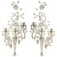 Magnificent Large Pair of Rock Crystal Double Bird Three-Arm Wall Light Sconces
