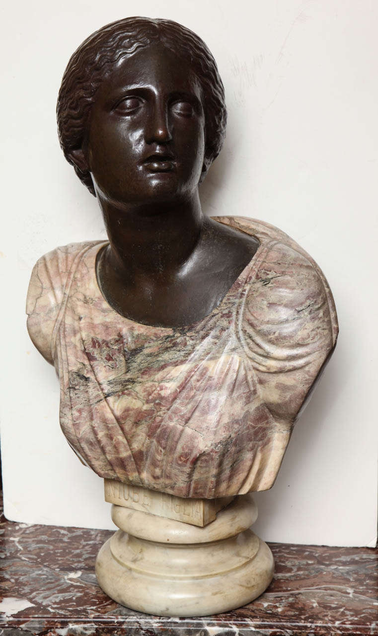 A very fine quality Italian neoclassical marble and bronze bust of a woman, Niobe Figlia.
Stock number: SC138.