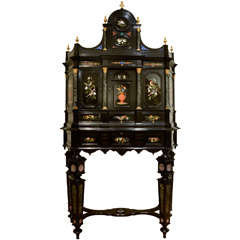 Florentine 19th Century Ebony Marble and Hard Stones Marquetry Cabinet