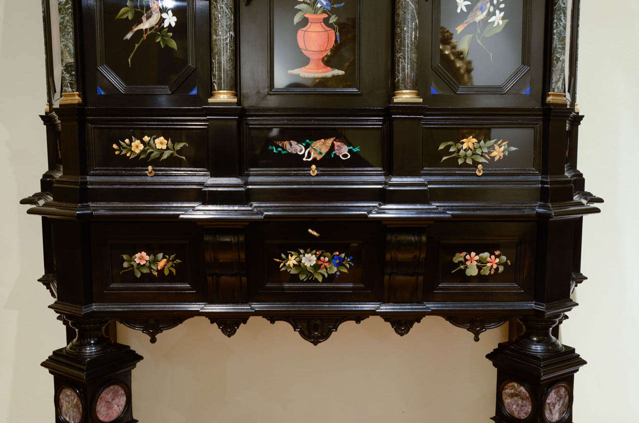 Ebonized Florentine 19th Century Ebony Marble and Hard Stones Marquetry Cabinet