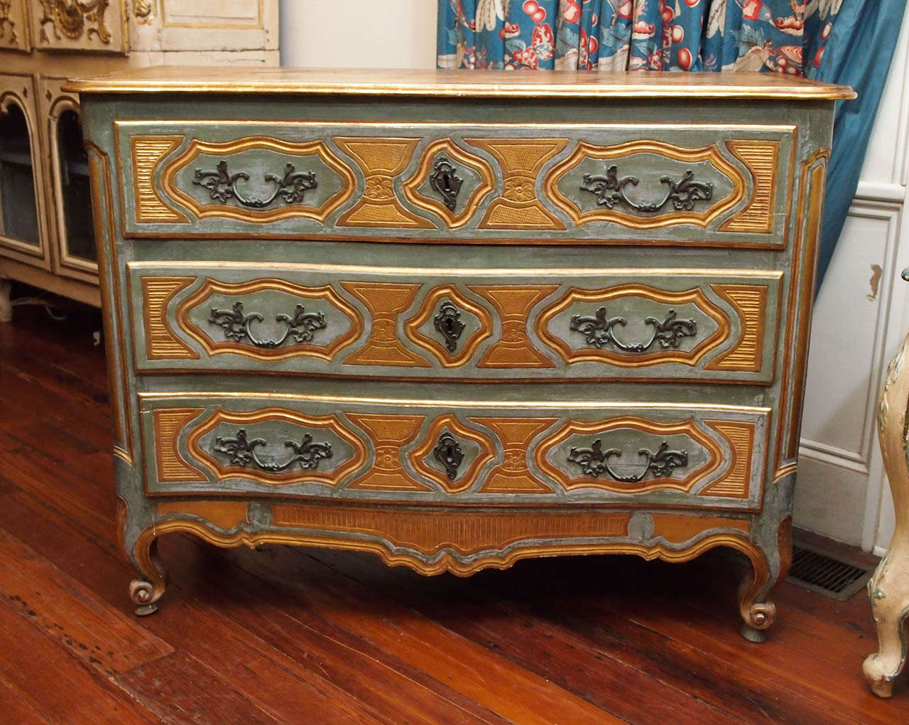 18th c. French Painted and Parcel gilt Commode with three drawers 
provencal probably Nimes