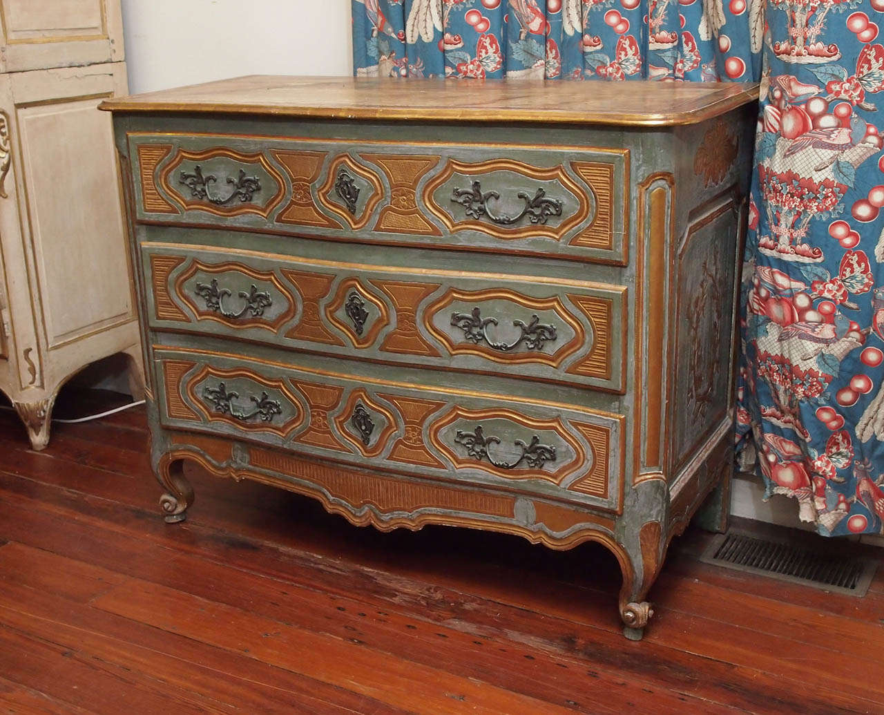 Louis XV 18th c. French Paint and Parcel Gilt Three Drawer Commode