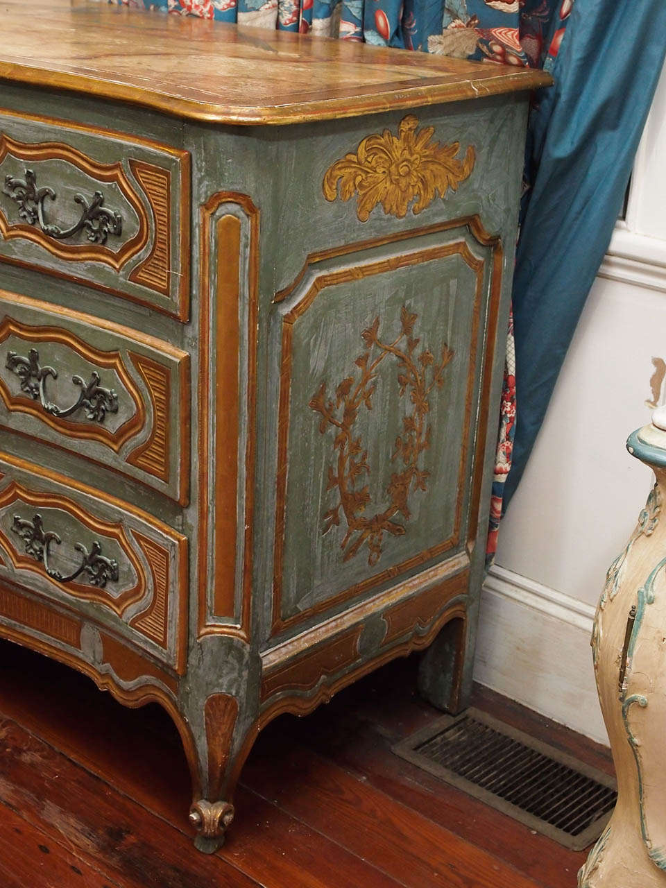 Painted 18th c. French Paint and Parcel Gilt Three Drawer Commode