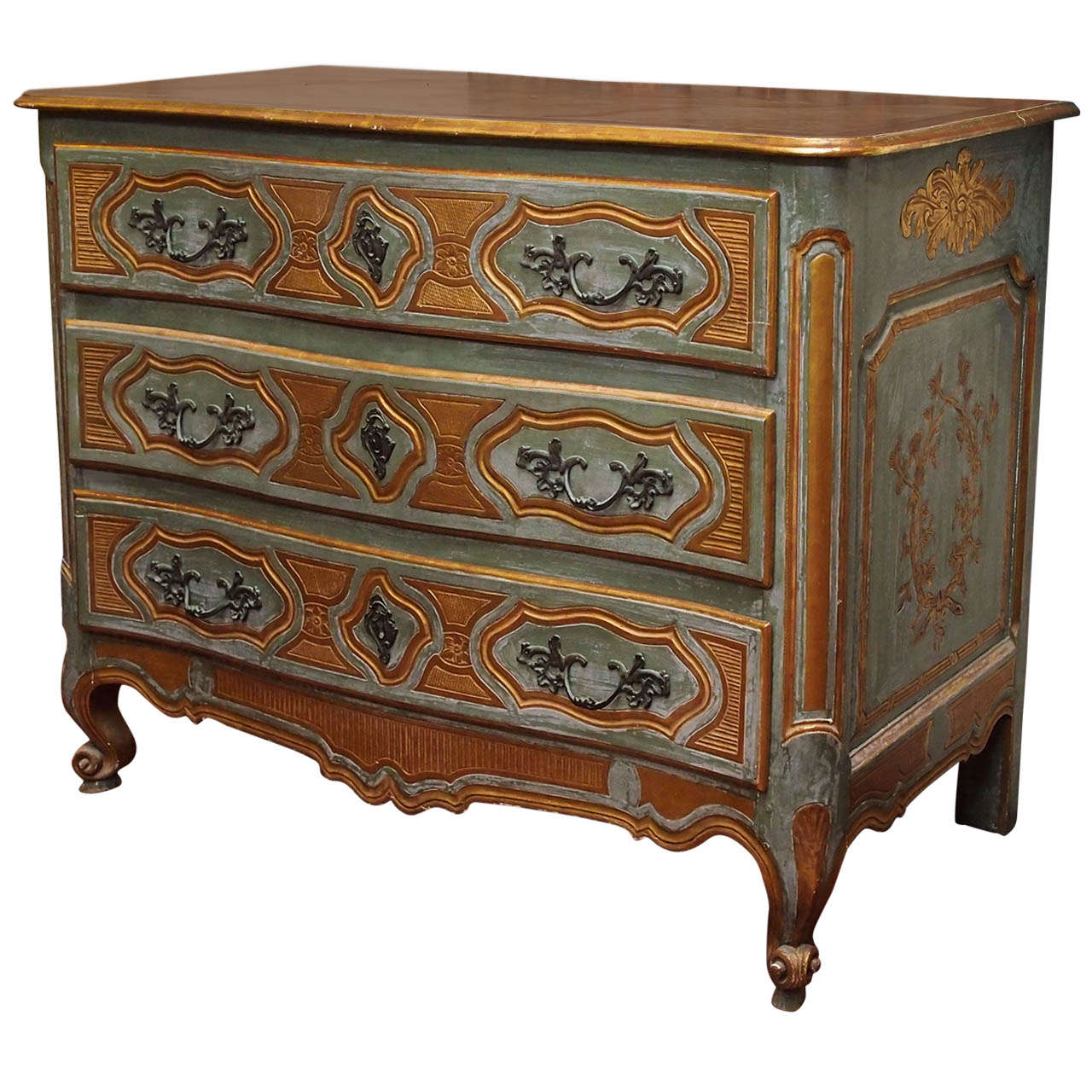 18th c. French Paint and Parcel Gilt Three Drawer Commode