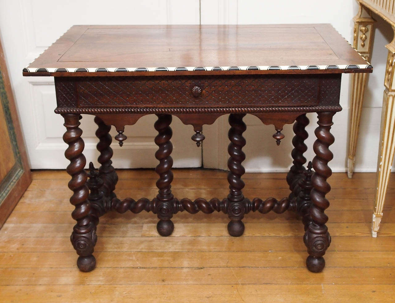 Italian Walnut Side Table with Bone and Ebony edging inlay. 
One Drawer and twist legs