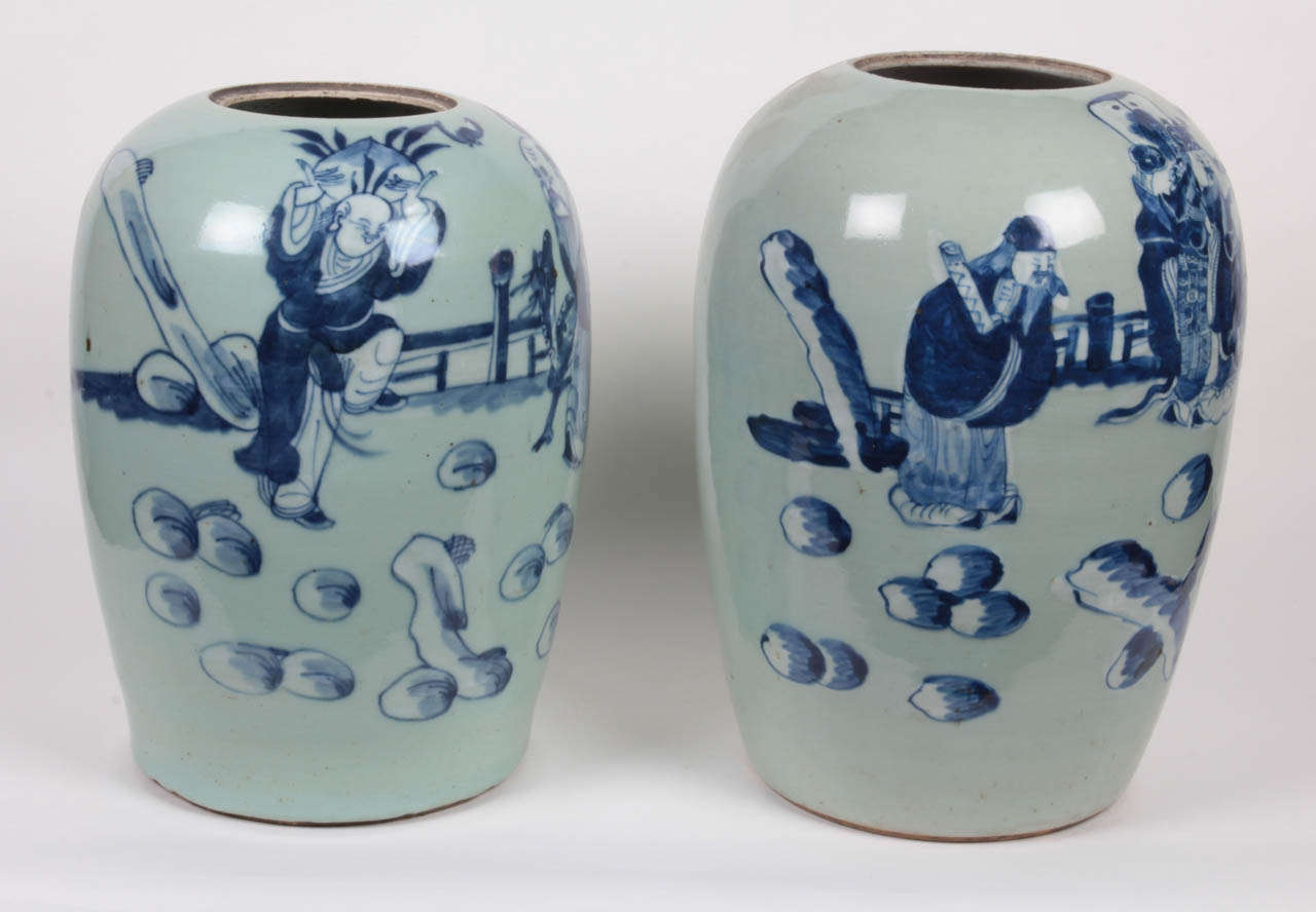 Porcelain jar in a blue and white figural pattern. China, Qing dynasty, Tongzhi period (circa 1862-1874).  Two available; priced individually.
