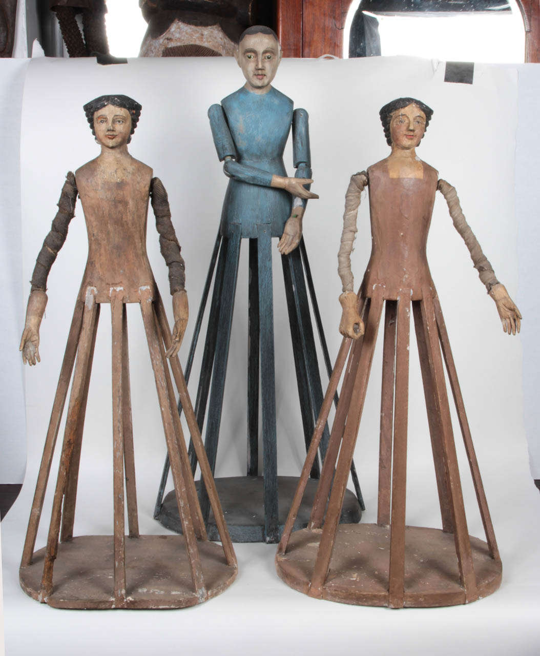 Antique Bastidor cage doll mannequin.  Spanish influence, Phillipines, early 20th Century.  Please note that only one mannequin is available; the blue one in the center.