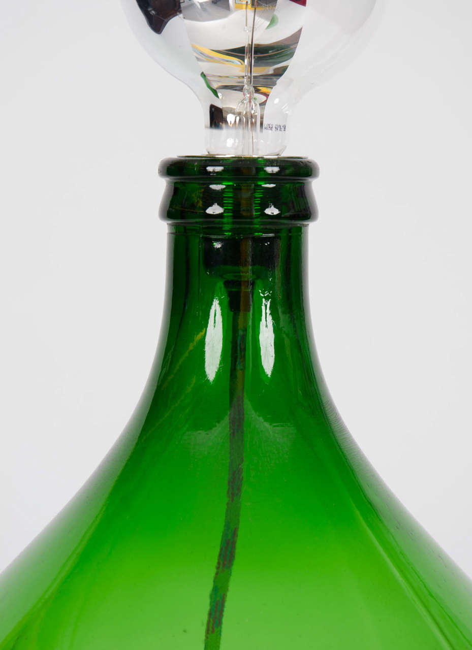 French Vintage Bohemian/Rustic Handmade Green Demijohn Glass Bottle Table/Floor Lamp For Sale