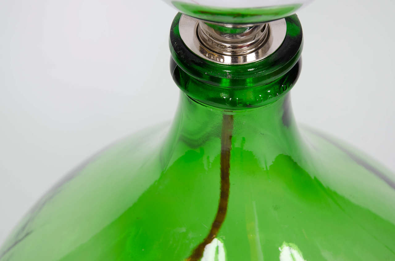 Mid-20th Century Vintage Bohemian Handmade Light Green Demijohn Glass Bottle Table/Floor Lamp For Sale